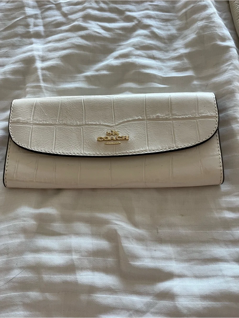 Coach Cream Croc-Embossed Leather Flap Wallet with Gold Logo